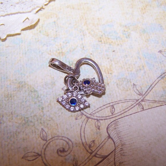 Sterling Silver Cubic Zirconia Heart Pendant with Evil Eye and Hamsa Charms - Picture 4 of 7